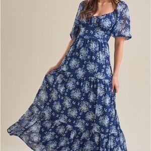 Altar'd State Dress Long Maxi Blue Floral Deanne Short Sleeve Boho